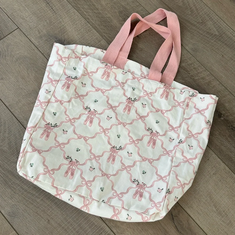 Viral Ballet Coquette Pink Bow Floral Reusable Canvas Shopper Tote Bag NWT - Picture 2 of 3